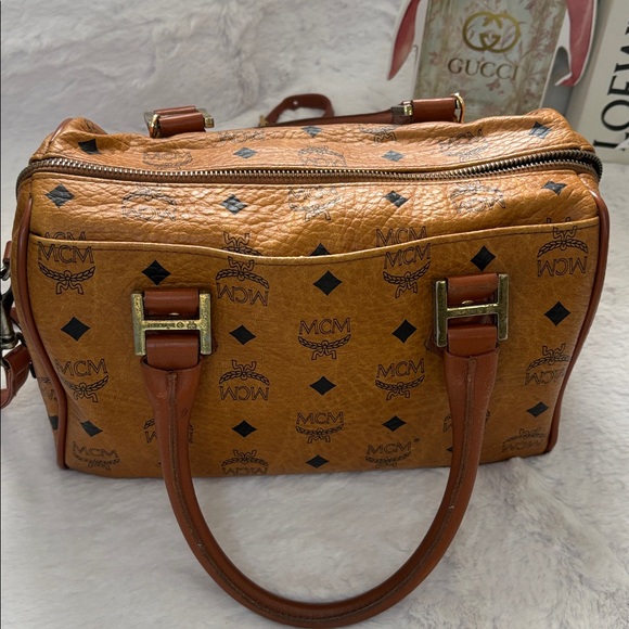 MCM Visetos Cognac Monogram Boston Bag with Crossbody Strap and COA - Picture 4 of 14